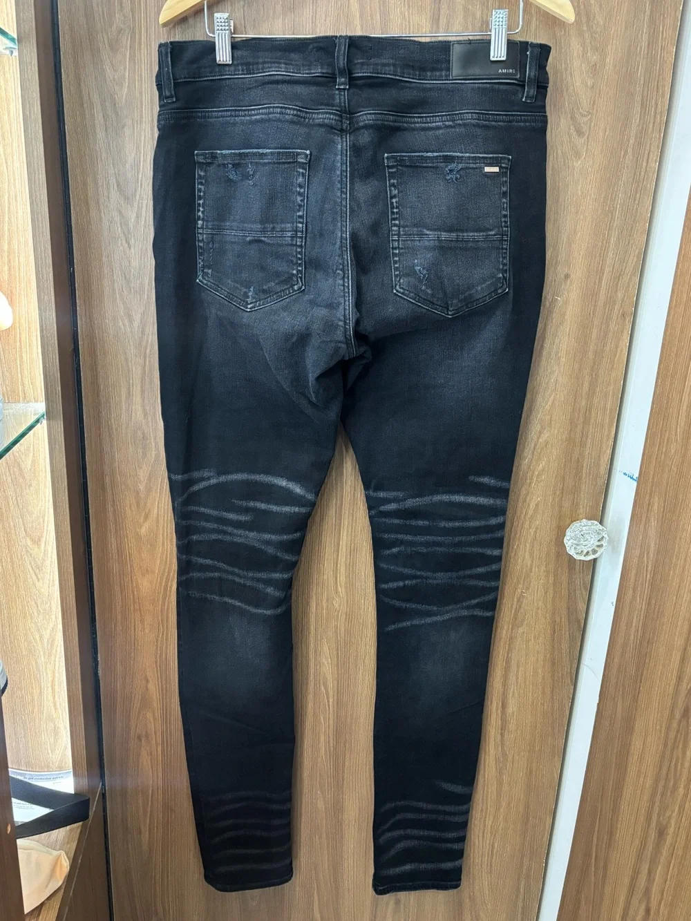 AMIRI Men’s Black Distressed Leopard Panel Skinny Jeans Size 36